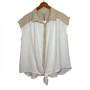 Sabrina Lauren Cream and Tan Button-Down Blouse